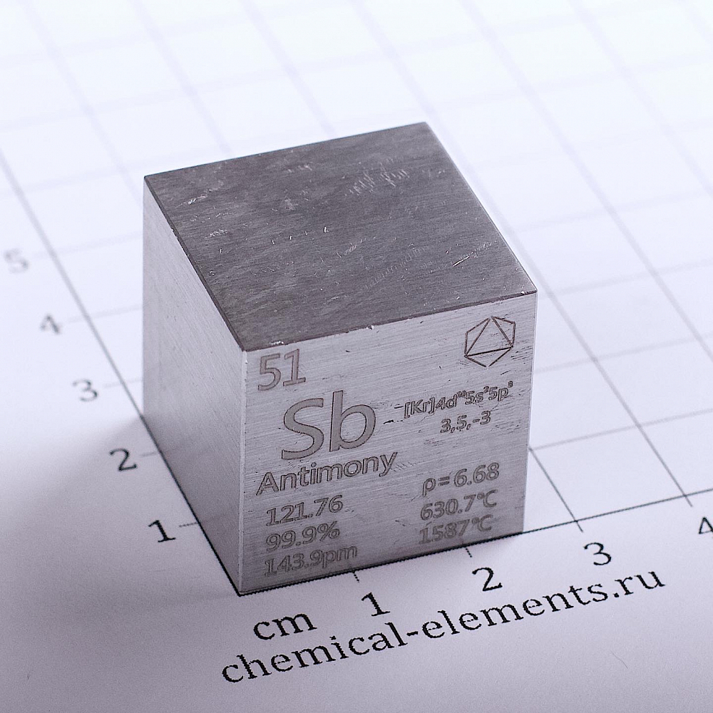 Кубик из сурьмы (Sb), 99,9%, 1 дюйм (25,4 мм)