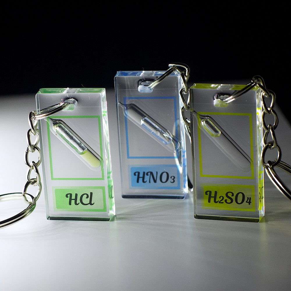 Набор брелоков с кислотами HNO3, HCl, H2SO4 20х40 мм.