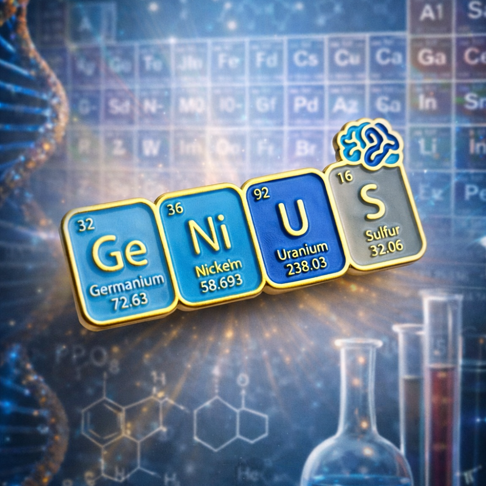 Металлический химический значок GeNiUS, 17х40 мм